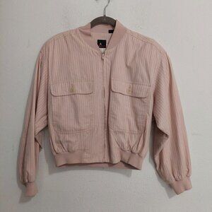 Liz Sport Vintage 90s Pink Striped Jacket Size S Zip Front Cropped Elastic Hem
